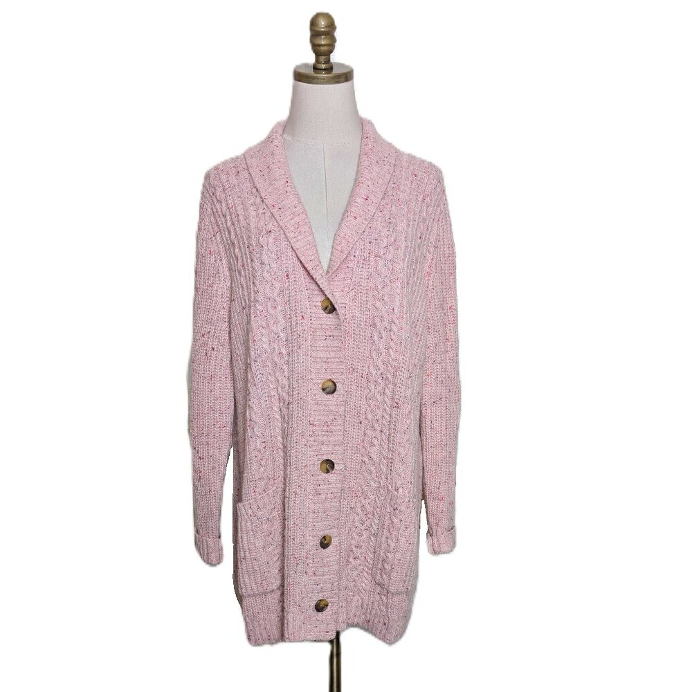 Lands’ End Drifter Cable Knit Cardigan Sweater Women Size 1X 16/18 Pink Speckled